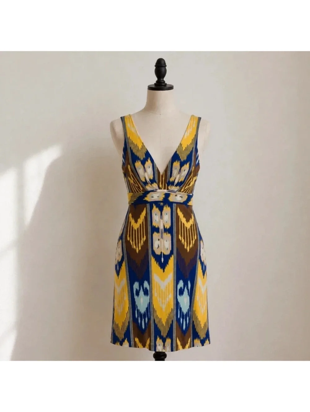 Tory Burch 100% Silk Ikat Print Plunge Mini Dress Blue Yellow XS Resort Summer